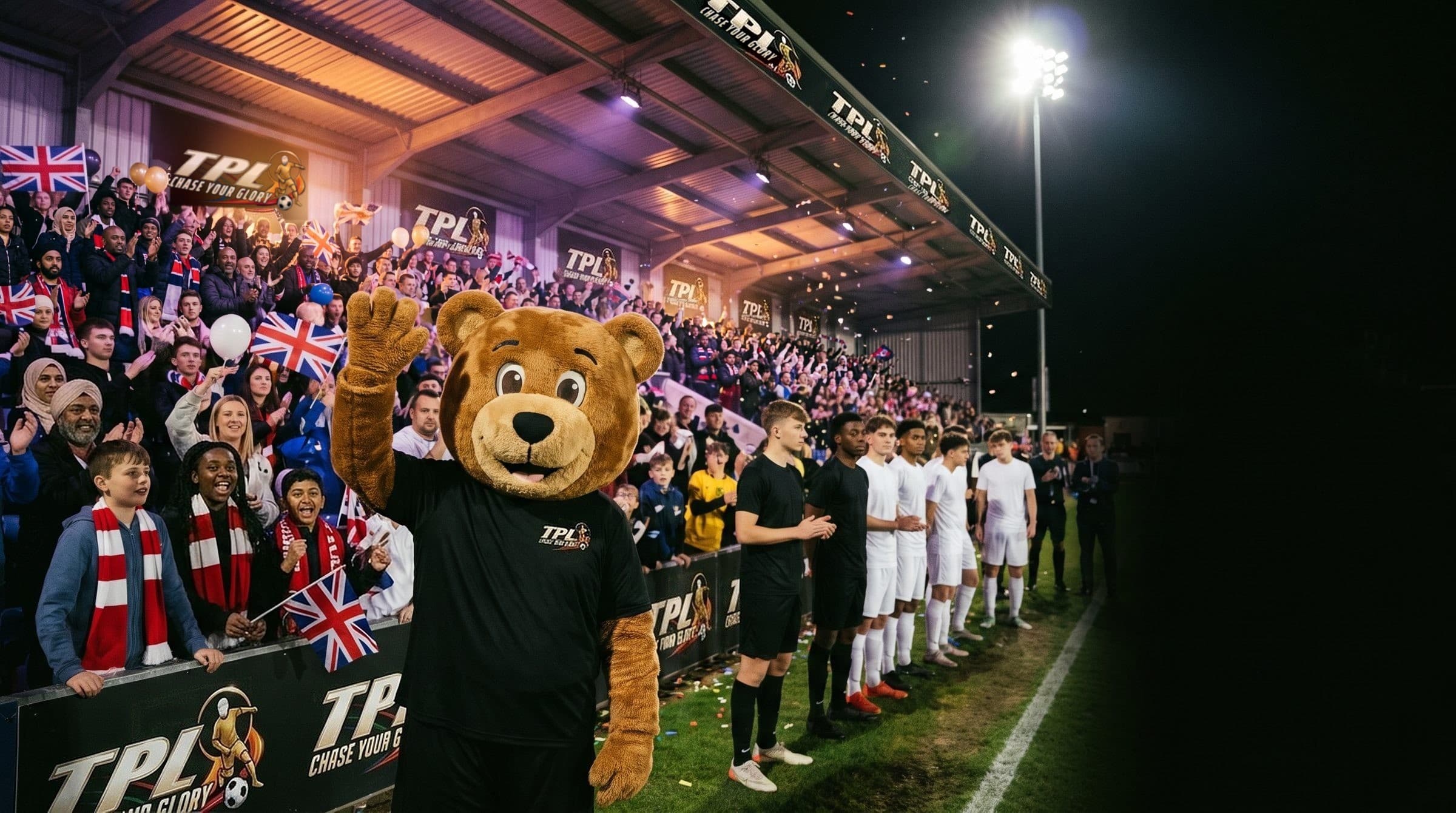 TPL matchday under the floodlights: the TPL mascot waves to a packed stand as both teams line up on the touchline