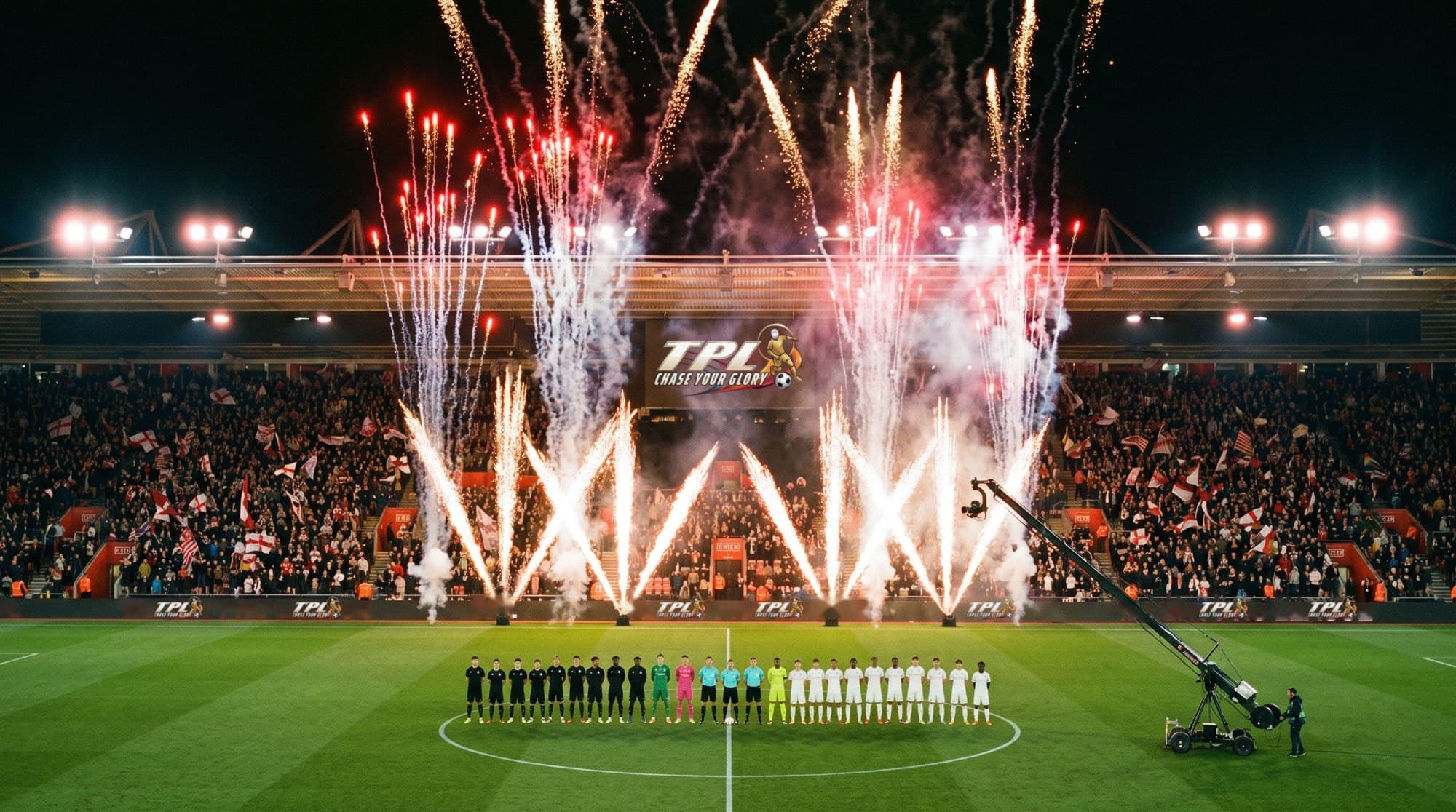 Fireworks over the pitch as both teams line up for a TPL opening ceremony