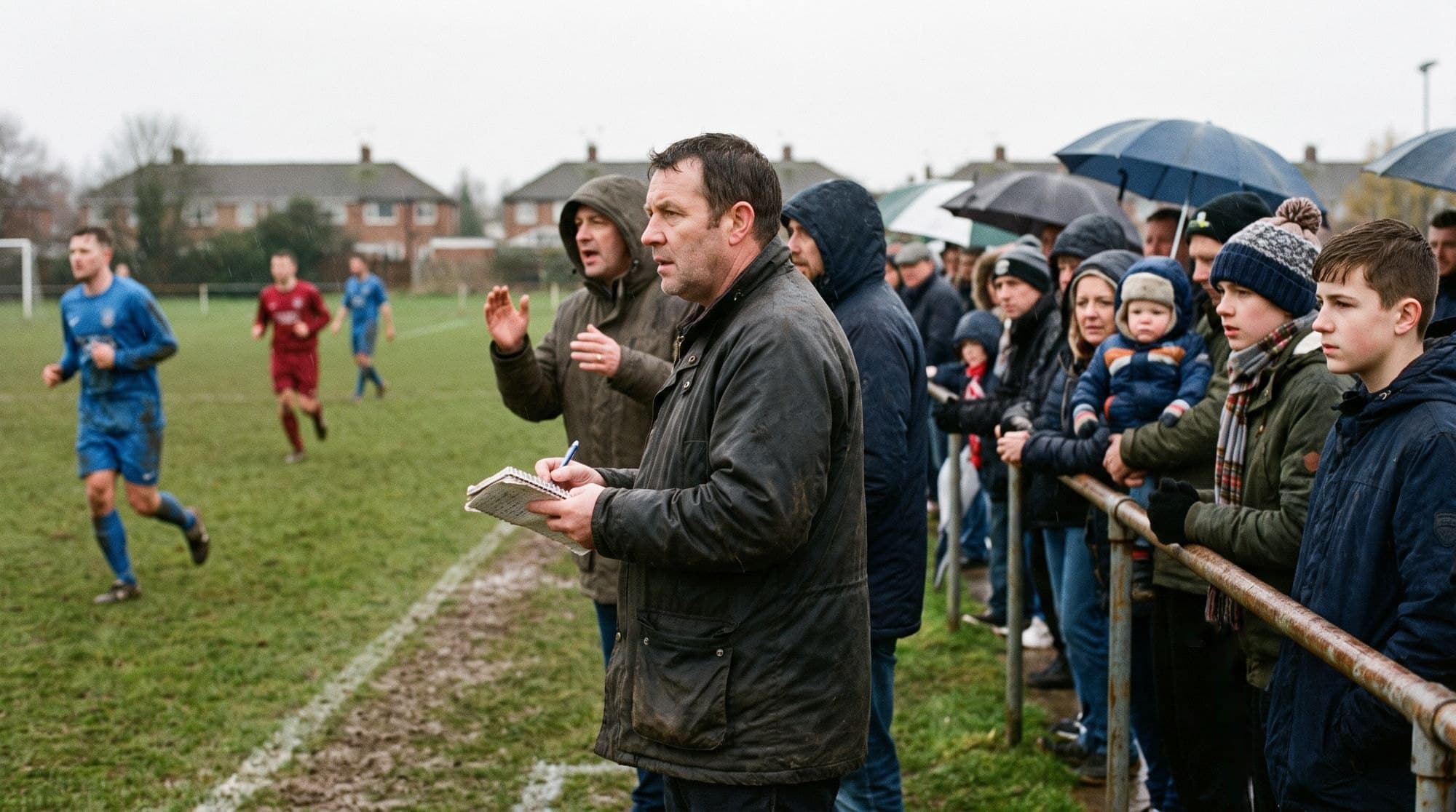 A scout takes notes on the touchline beside coaches, parents and supporters of all ages